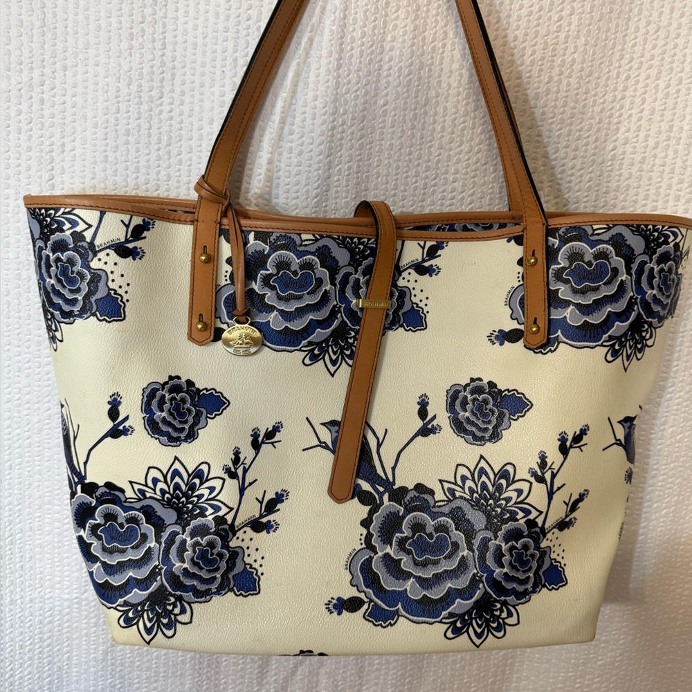 Floral Tote Bag with Blue and Tan Accents